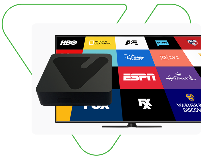 A VideoPort IPTV streaming box with popular channel logos behind it