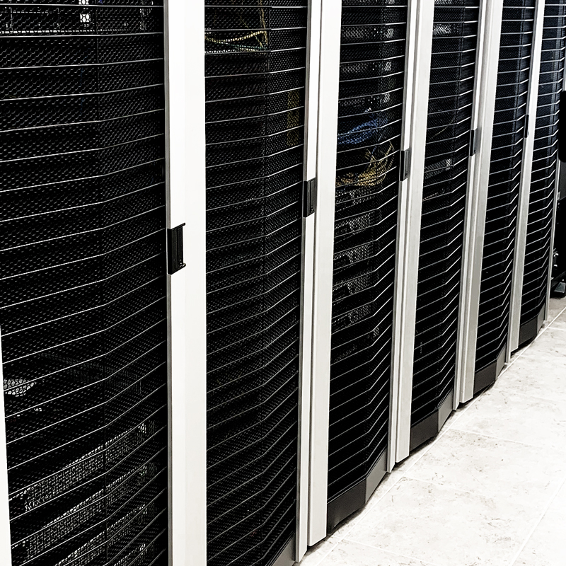 A row of IPTV data center rack cabinets