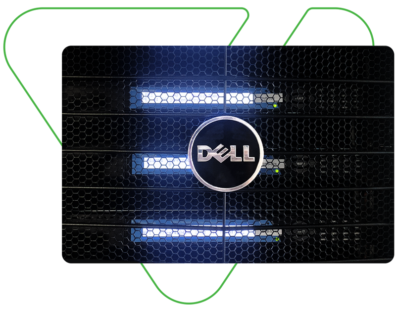 Dell data center servers running with lights on