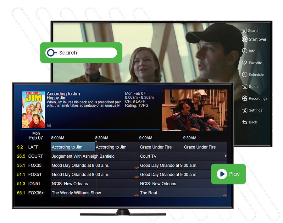 A VideoPort IPTV interface with a movie playing in the background